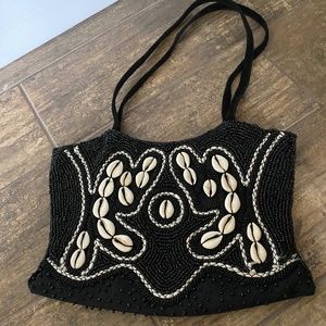 VINTAGE BLACK BEADED WITH SHELL ACCENT BAG